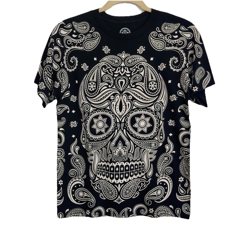 ODM Sugar Skull Paisley Graphic T-Shirt L Black Tattoo Art Halloween